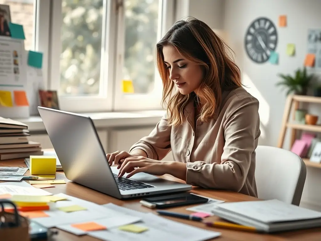 A professional copywriter working on a laptop, surrounded by notes and research materials, symbolizing the creation of SEO-optimized content.