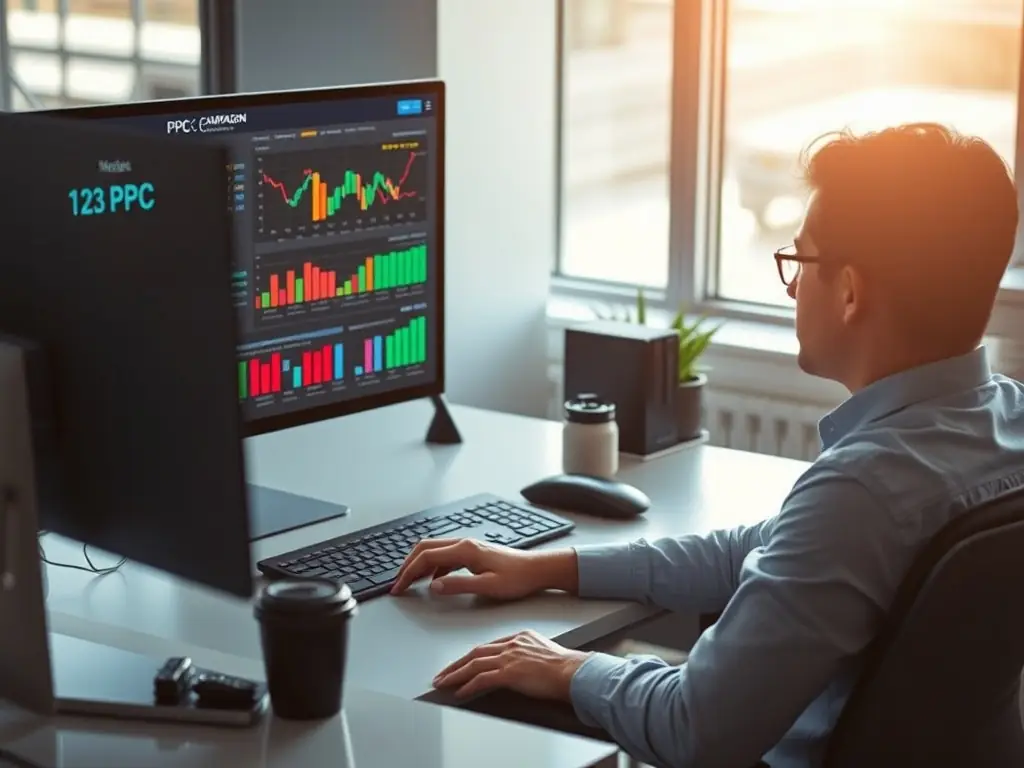 A focused digital marketer reviewing Bing Ads campaign analytics on a laptop, highlighting the platform's unique targeting options and cost-effectiveness.