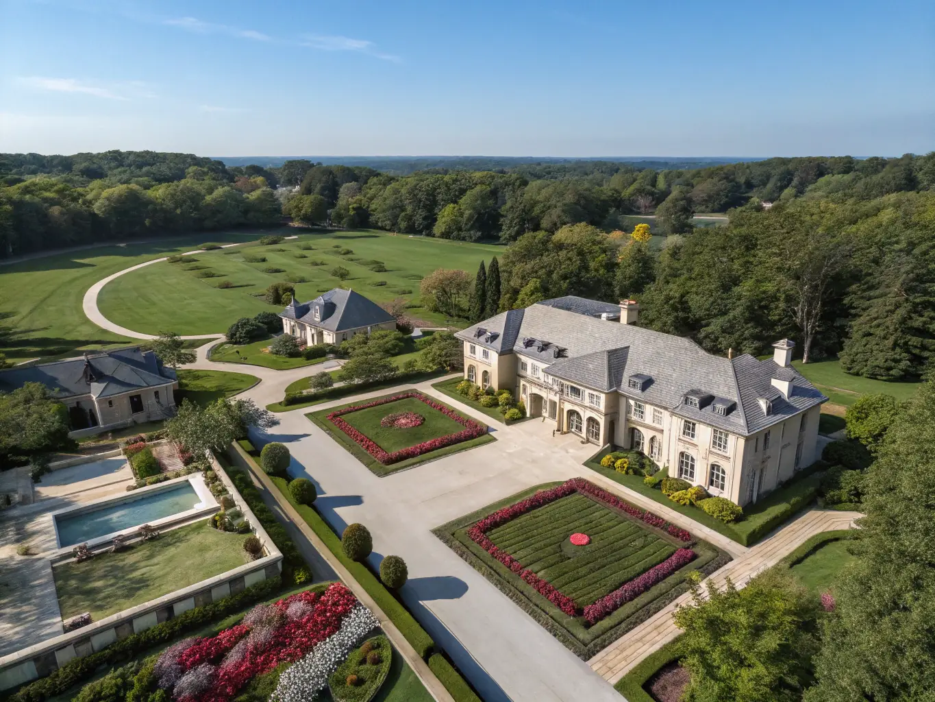 A high-resolution 360° panoramic aerial view of a luxury real estate property, showcasing the surrounding landscape and highlighting key features of the estate.