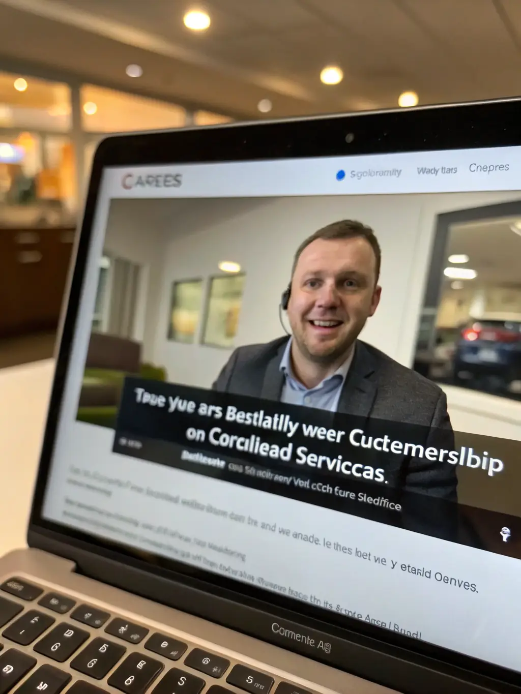 A customer testimonial video playing on a laptop, with a satisfied client discussing the positive impact of CRO on their business growth.