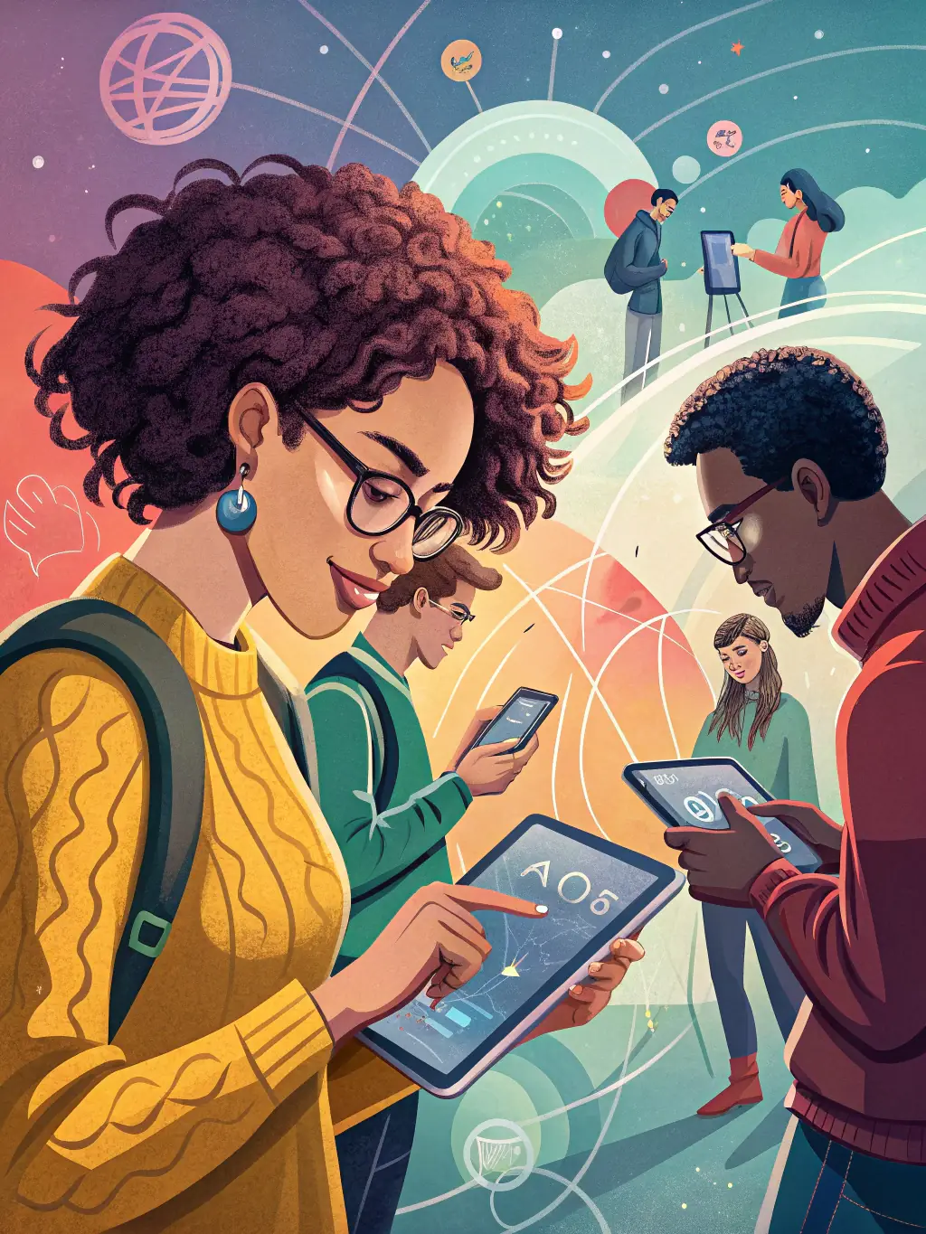 A vibrant image depicting a diverse group of people using various digital devices (smartphones, tablets, laptops) in different locations, all connected to a central hub representing a franchise network. The image should convey a sense of unity and localized engagement.