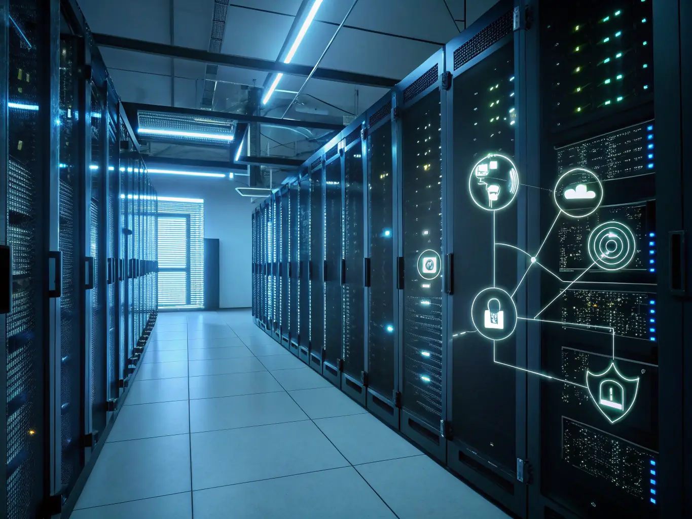 A server room with blinking lights and a padlock icon superimposed, symbolizing secure web hosting and data protection.