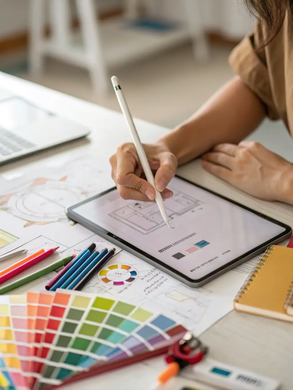 A close-up shot of a designer's hands sketching a logo concept on a digital tablet, surrounded by design tools and color swatches, representing Omegacube's logo design service.