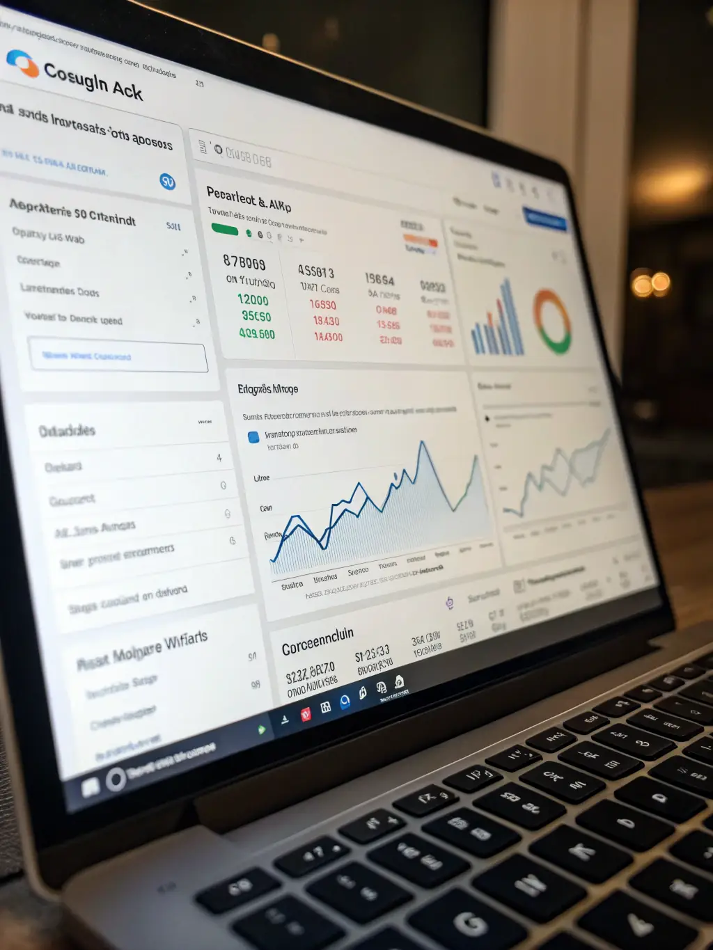 A close-up shot of a computer screen displaying a Google Ads dashboard with key performance indicators (KPIs) highlighted, such as click-through rate (CTR) and conversion rate.