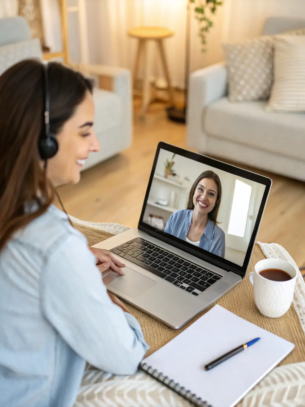 A professional virtual assistant working remotely at a desk, assisting with digital marketing tasks such as scheduling social media posts and managing email campaigns for Omegacube clients.