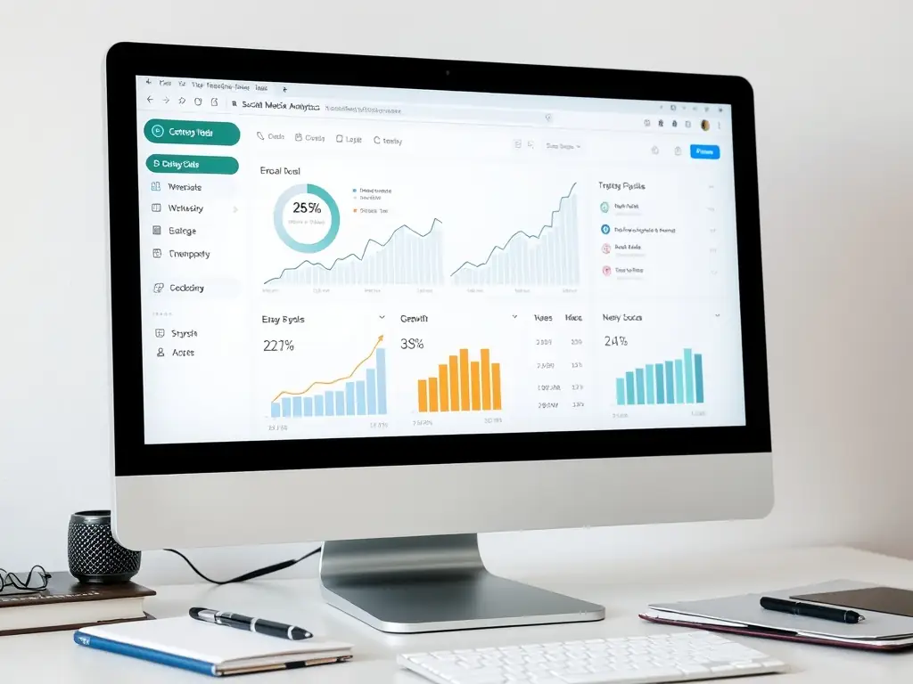 A professional photograph of a social media analytics dashboard, highlighting key performance indicators (KPIs) such as engagement rate, reach, and conversion metrics, demonstrating the effectiveness of Omegacube's strategies.
