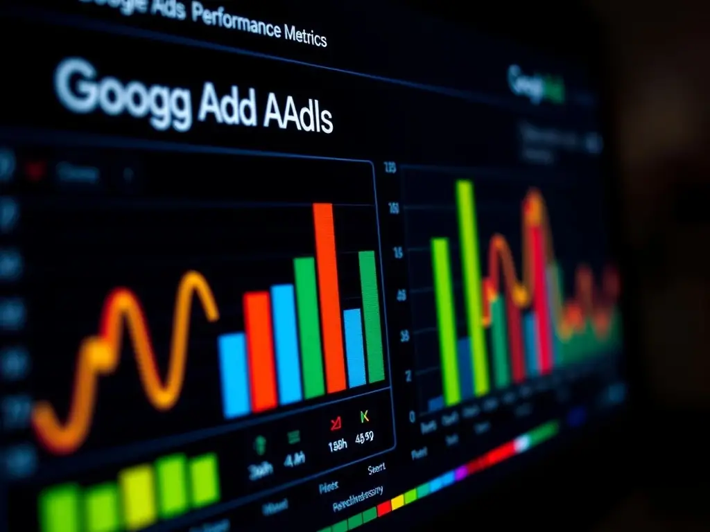 A close-up shot of a computer screen displaying Google Ads analytics dashboard, highlighting key performance indicators (KPIs) and conversion metrics.