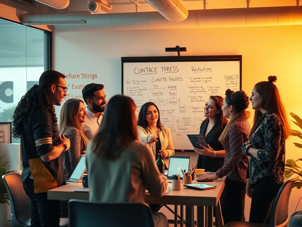 A dynamic shot of a team brainstorming video ideas in a modern office setting, with storyboards and creative tools visible, symbolizing Omegacube's collaborative approach to video marketing.