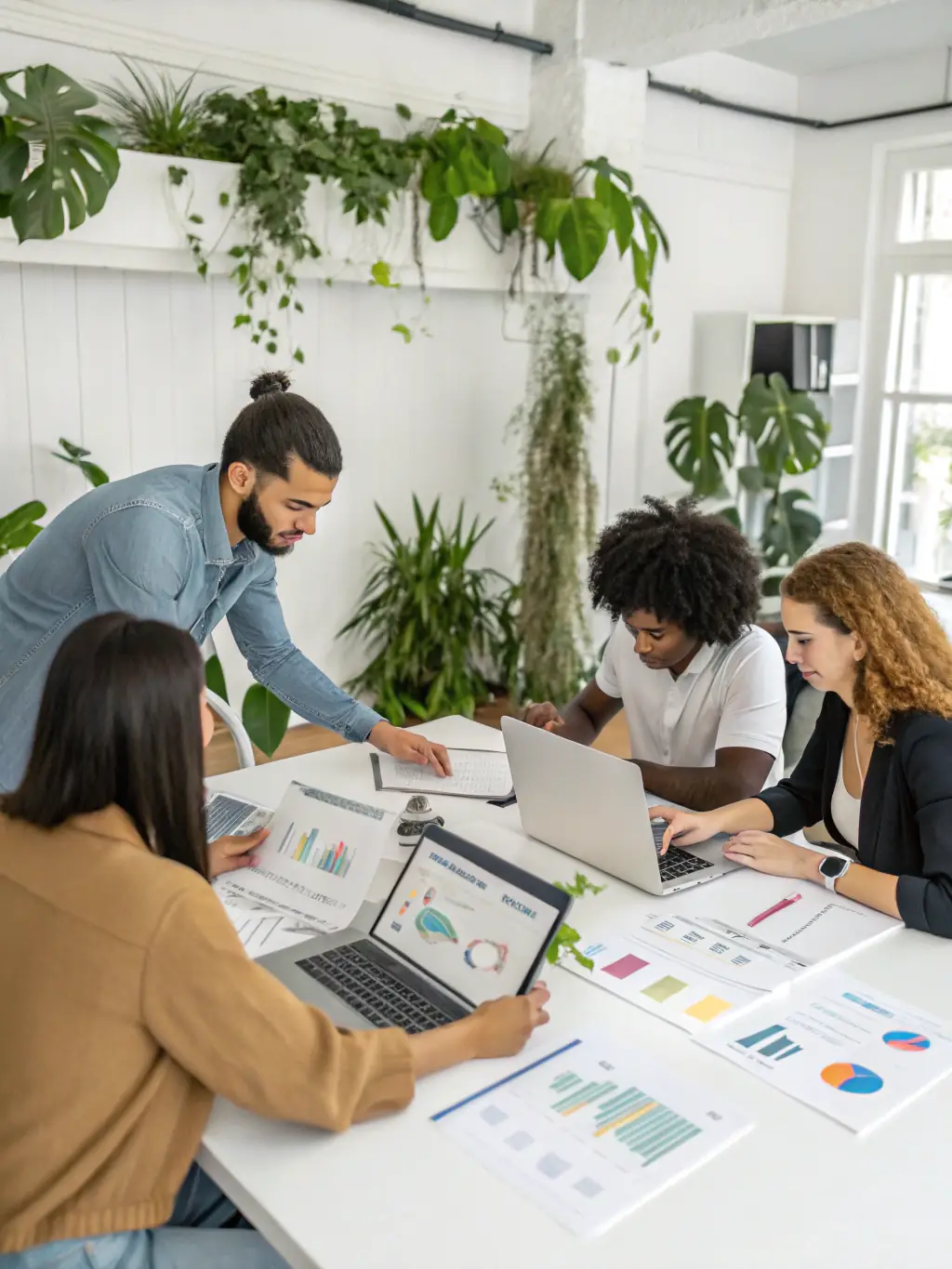 A professional workspace with a team collaborating on link building strategies, analyzing data on multiple screens, reflecting Omegacube's data-driven approach.