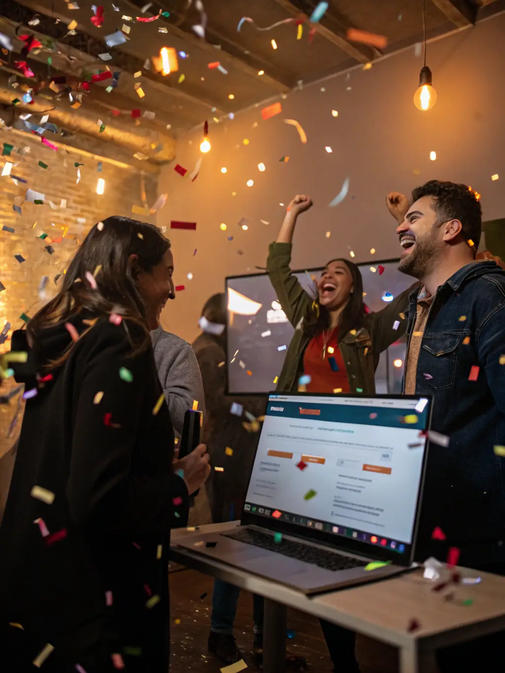 A website being launched on a computer screen, with confetti and celebratory graphics, symbolizing the successful launch of the site.