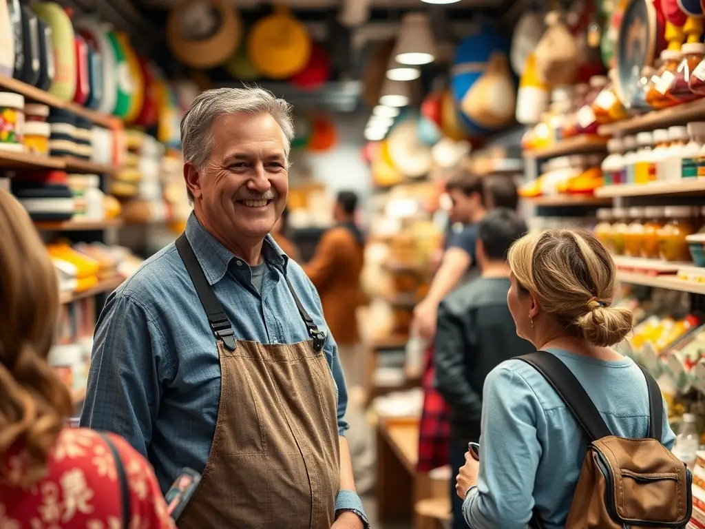 A vibrant image showcasing a local business owner smiling and interacting with customers inside their store, with the Google Maps listing of their business displayed on a tablet in the background.