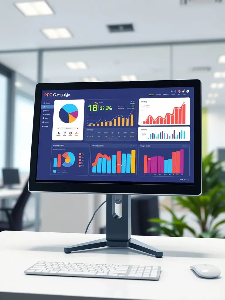 An image illustrating a PPC campaign dashboard with metrics such as click-through rates, conversion rates, and ROI, demonstrating Omegacube Agency's proficiency in managing effective PPC campaigns.