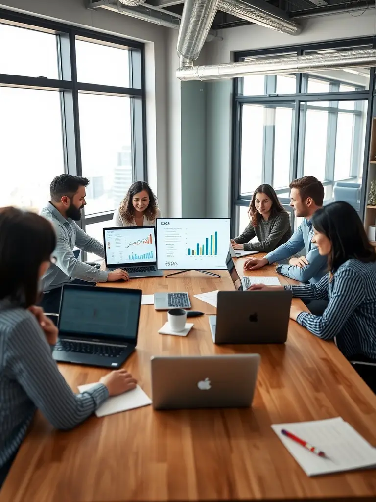 An image depicting a diverse team collaborating on a digital marketing strategy, highlighting Omegacube's expertise in providing tailored SEO services for large businesses.