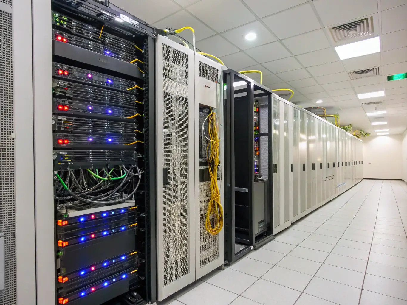 An image of a secure server room with blinking lights and complex networking cables, symbolizing the robust and secure infrastructure required for enterprise-level digital marketing operations.