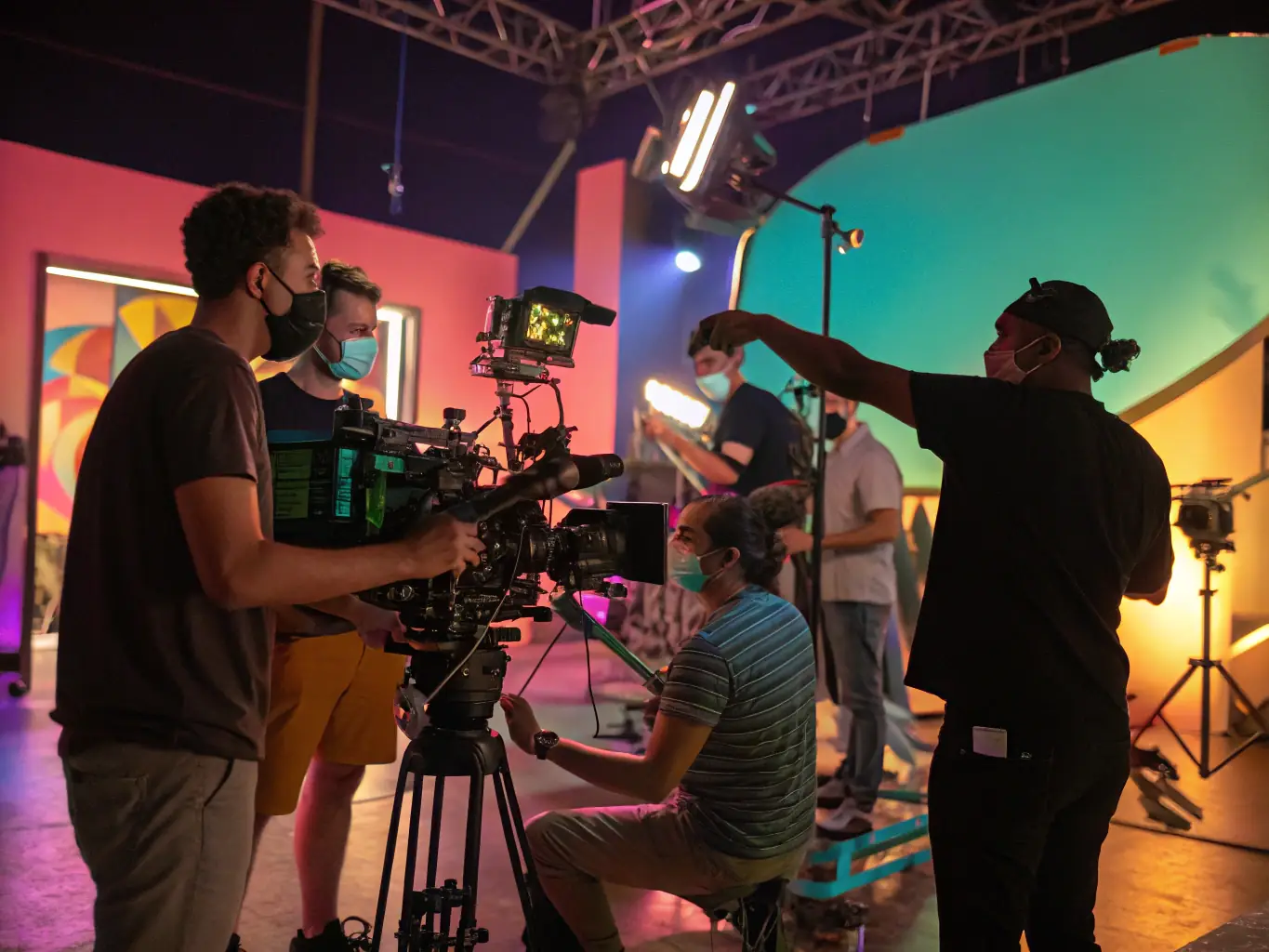 A video production team filming a promotional video for a client, highlighting Omegacube's video production capabilities and creative approach.