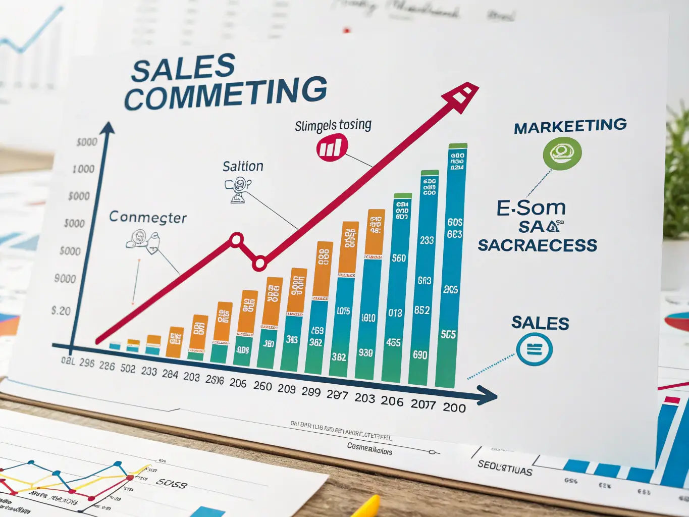 A visually appealing image of a sales chart trending upwards, symbolizing increased revenue and business growth. The chart should be overlaid on a background of eCommerce product listings, emphasizing the impact of Omegacube's marketing efforts.