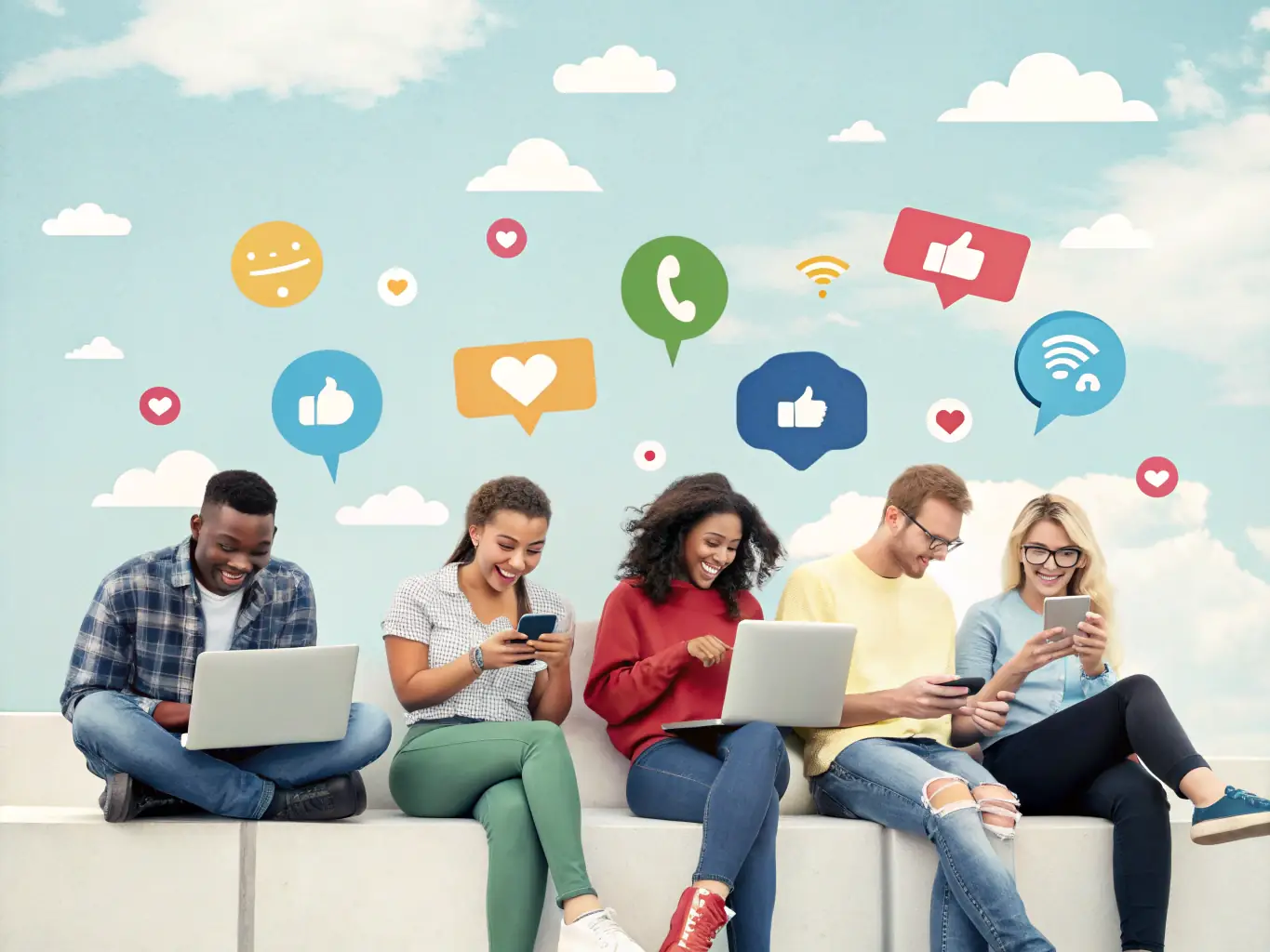 A visually engaging image depicting a diverse group of people interacting with various social media platforms on their devices, symbolizing the broad reach of social media advertising.