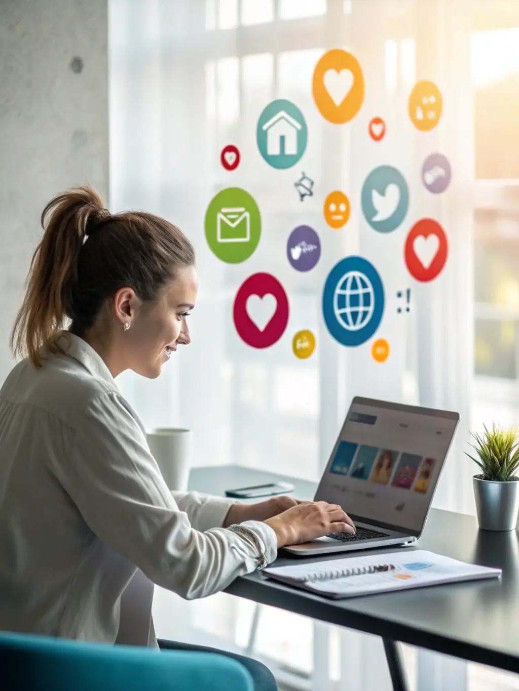 A virtual assistant managing social media accounts on a computer, representing Omegacube's social media management services.