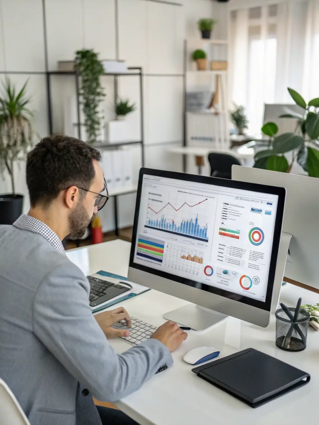 A professional SEO specialist reviewing a website's analytics dashboard, highlighting key performance indicators and areas for improvement, set against a modern office background.