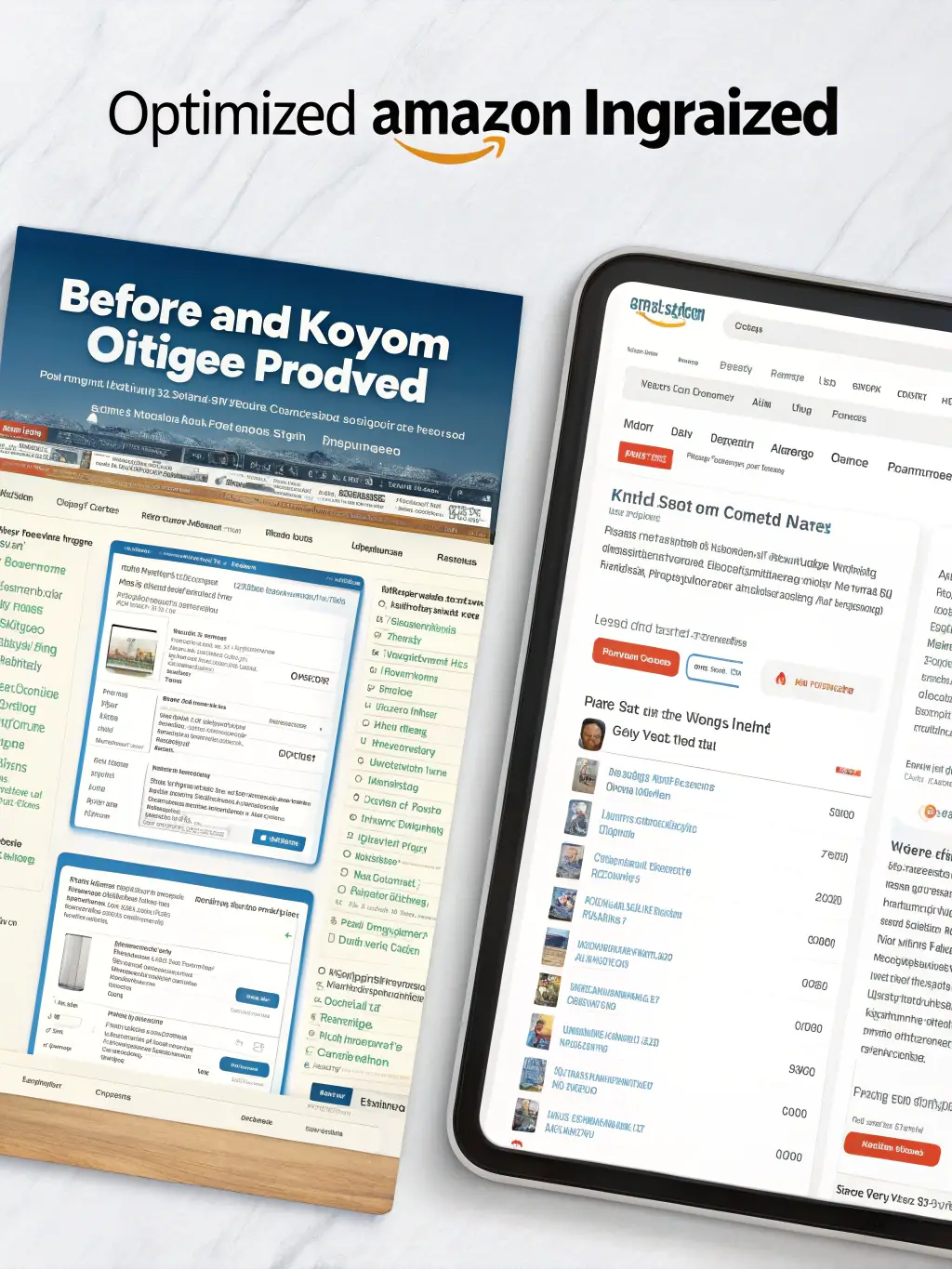 A split-screen image showing a before-and-after view of an Amazon product listing, with the 'after' side featuring optimized titles, descriptions, and images, demonstrating the impact of Omegacube's listing optimization services.