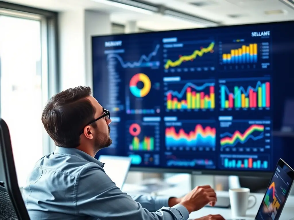 A digital marketing analyst is reviewing a dashboard displaying key performance indicators (KPIs) for a recent marketing campaign, focusing on conversion rates and customer acquisition costs. The setting is a modern office with multiple monitors and data visualizations.