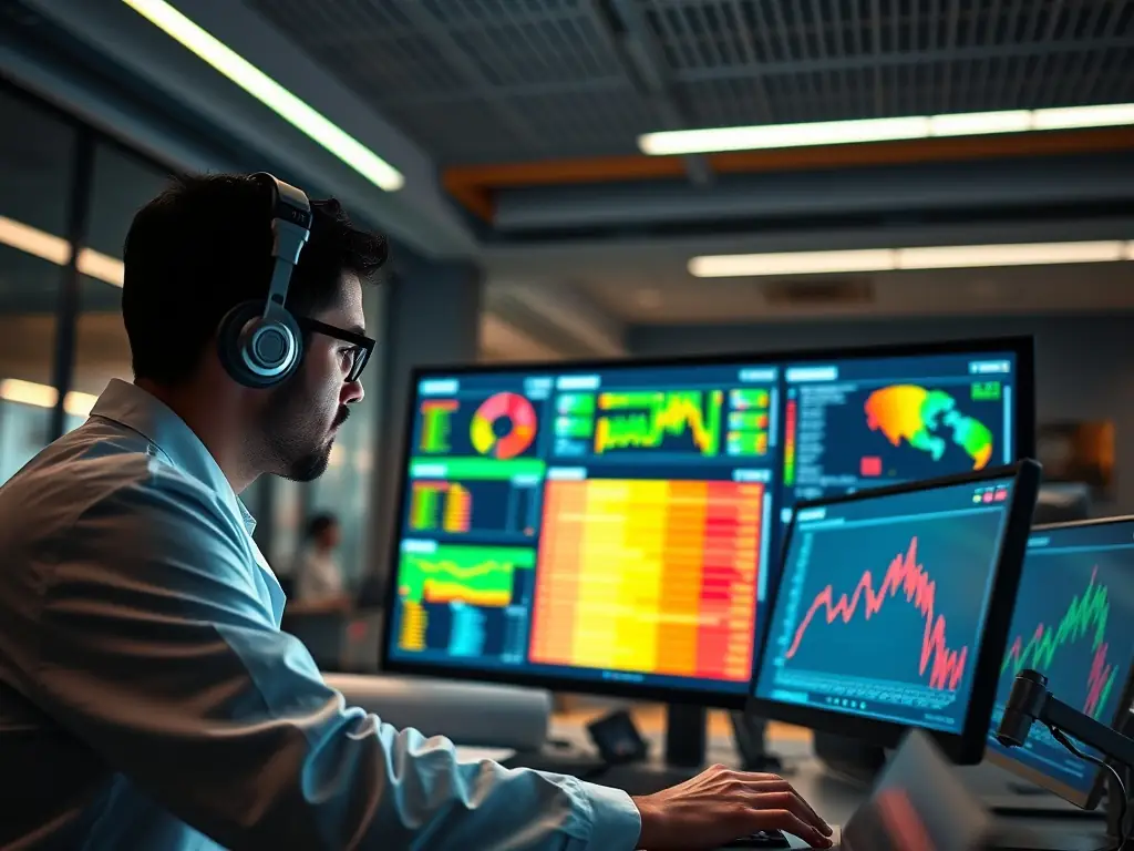 A data scientist is fine-tuning an AI model on a computer screen, using industry-specific data and feedback loops to enhance its performance, in a high-tech office environment.