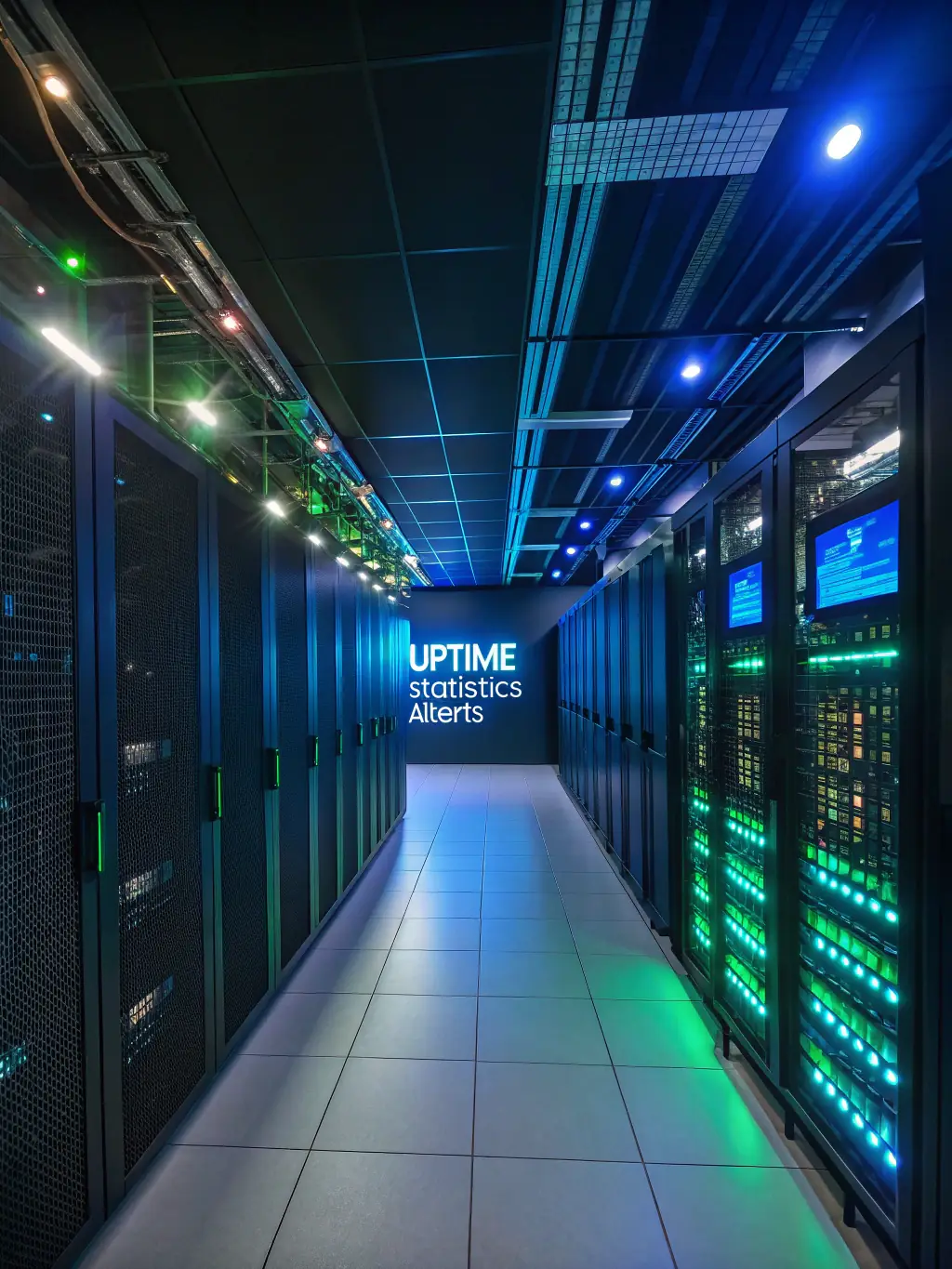 A server room filled with blinking lights and humming servers, symbolizing Omegacube's robust hosting infrastructure.