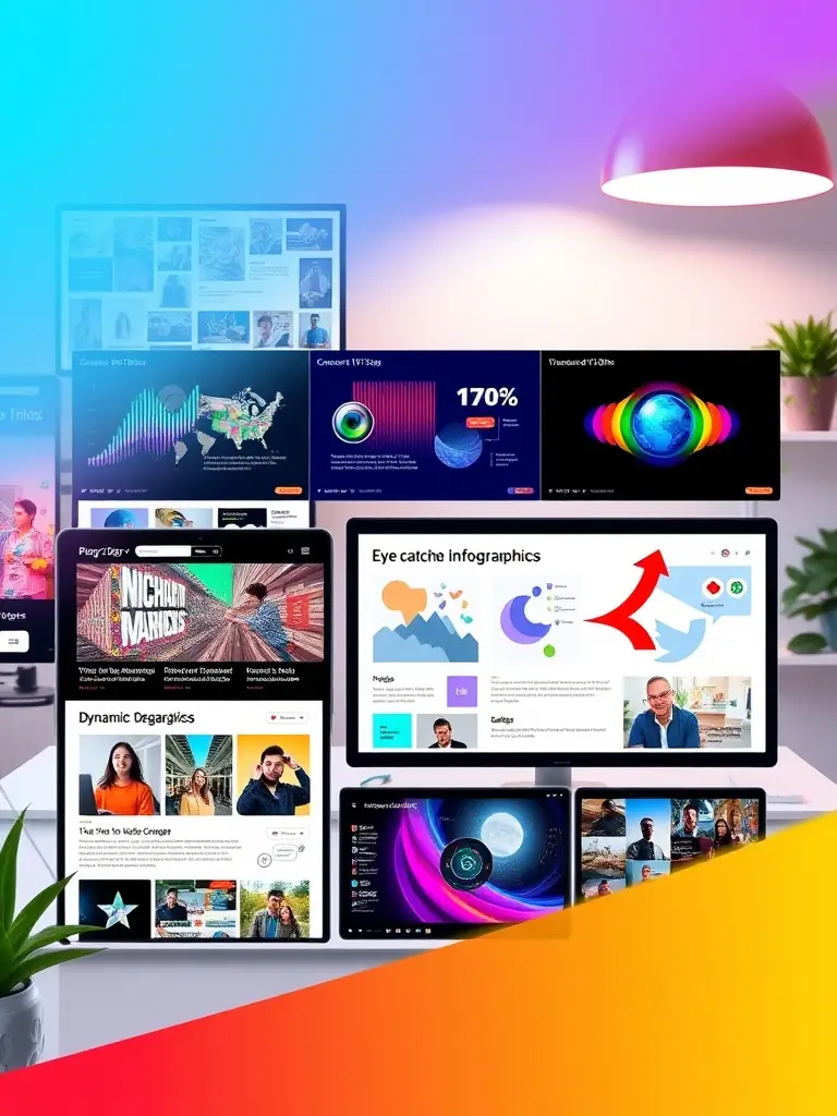 A creative image showcasing various content formats such as blog posts, infographics, and videos, emphasizing Omegacube Agency's ability to create engaging and diverse content.
