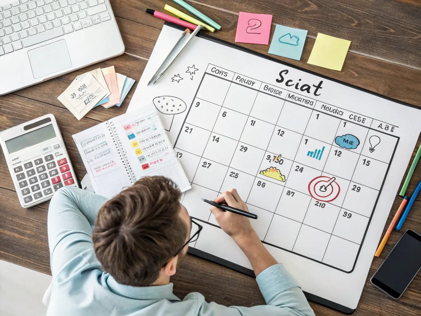 A digital illustration of a calendar with various digital marketing tasks marked on it, representing the ongoing and consistent nature of monthly subscription services.