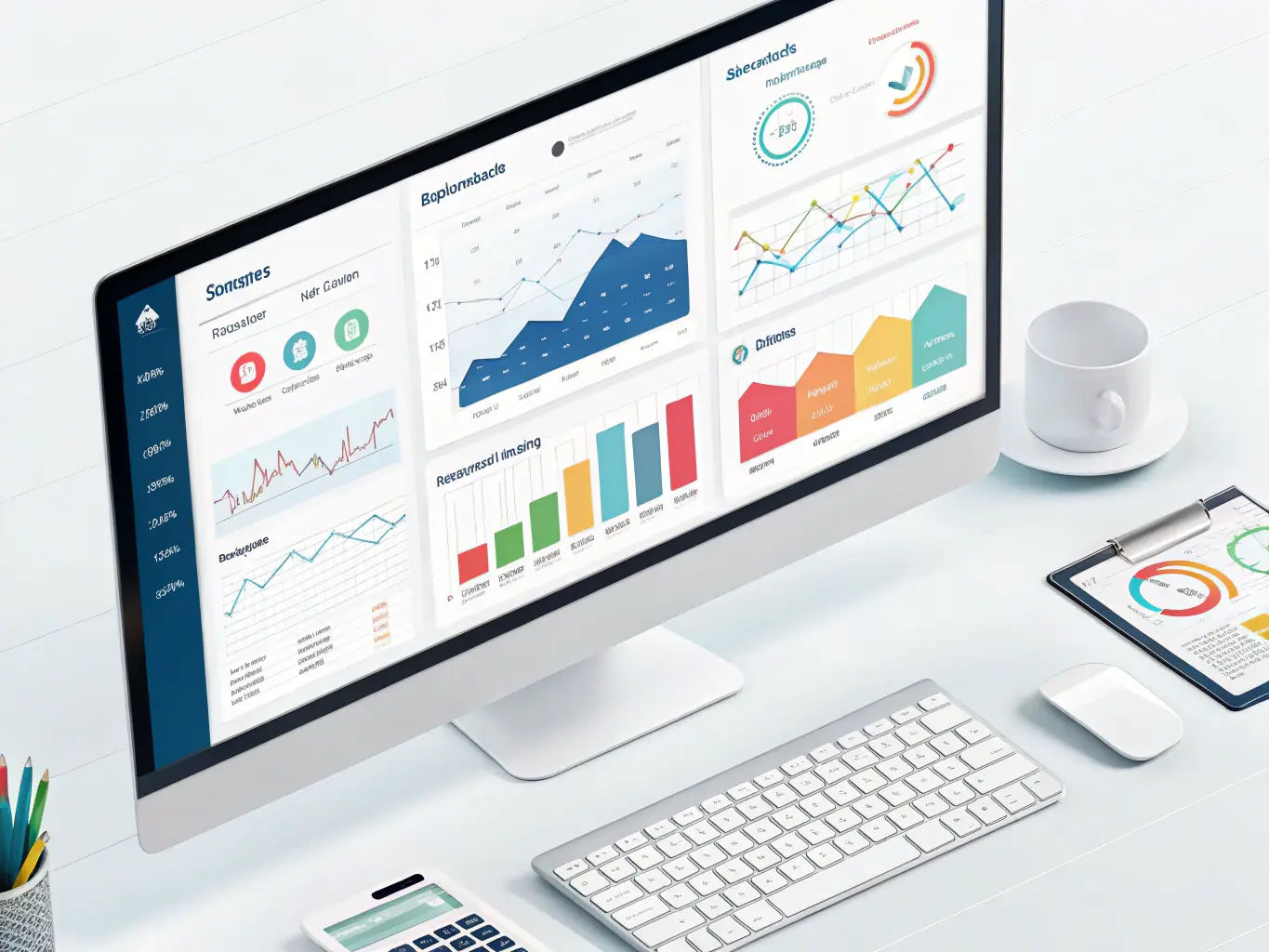 A graphic representation of a dashboard displaying key performance indicators (KPIs) for multiple franchise locations, including budget allocation, bidding strategies, and conversion rates, highlighting the need for effective tracking and reporting.