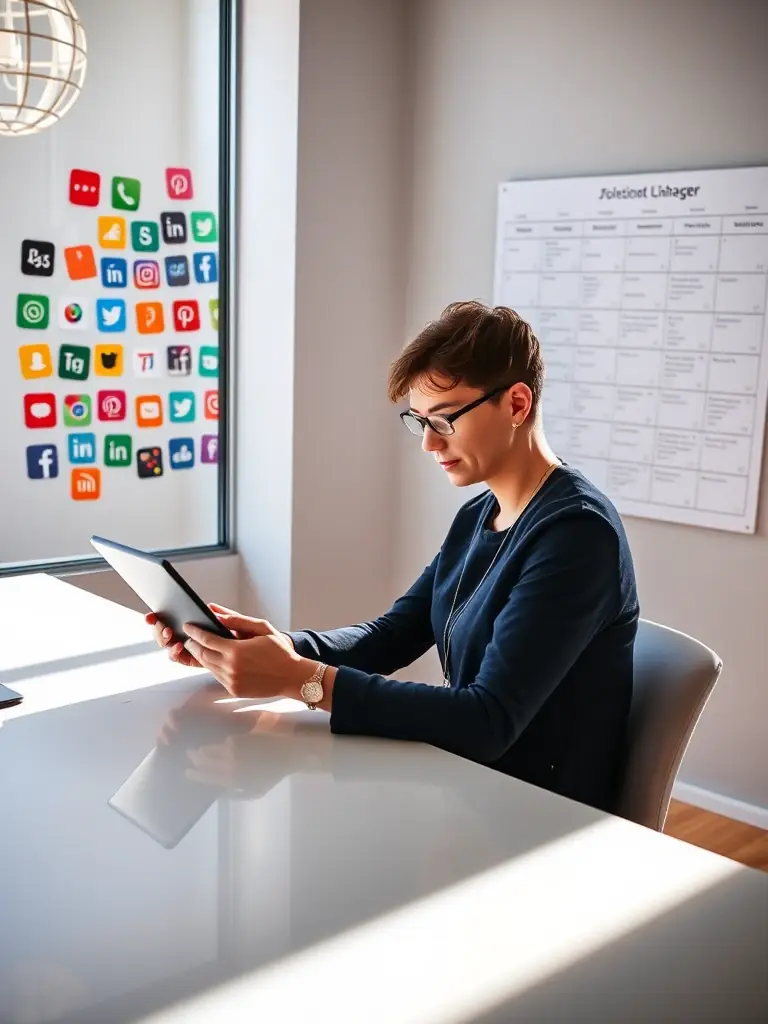 A dedicated social media manager crafting posts and engaging with followers on various platforms, demonstrating Omegacube's social media management capabilities.