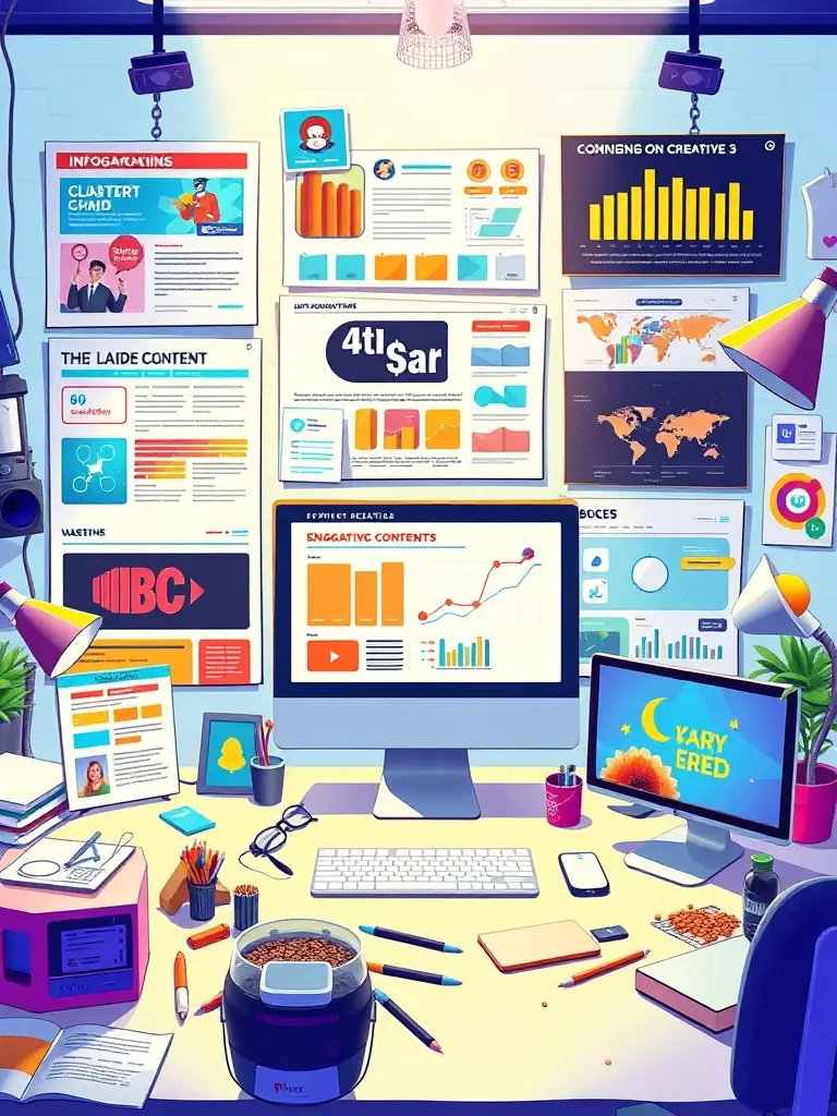An image depicting engaging content creation, such as blog posts, infographics, and social media updates, highlighting Omegacube's ability to create compelling content.