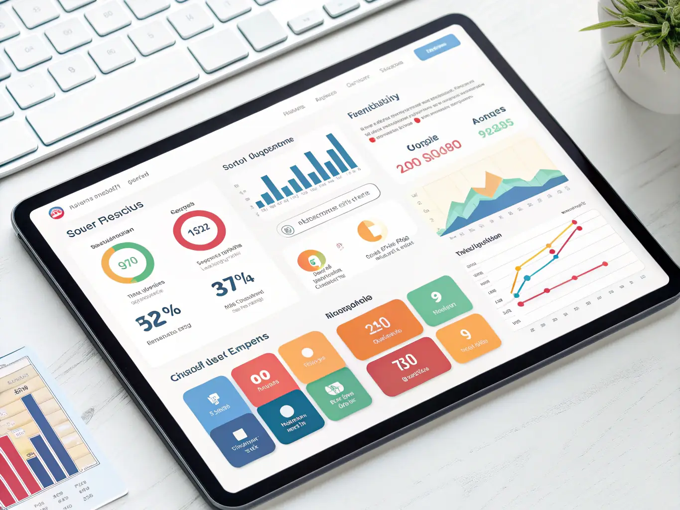 A vibrant dashboard displaying key performance indicators (KPIs) for a marketing campaign, showcasing data visualization techniques with charts and graphs, used to represent Omegacube's data visualization services.