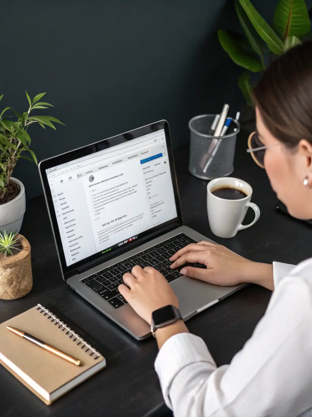 A professional virtual assistant working diligently at their desk, managing emails and scheduling appointments for a client, showcasing Omegacube's administrative support services.
