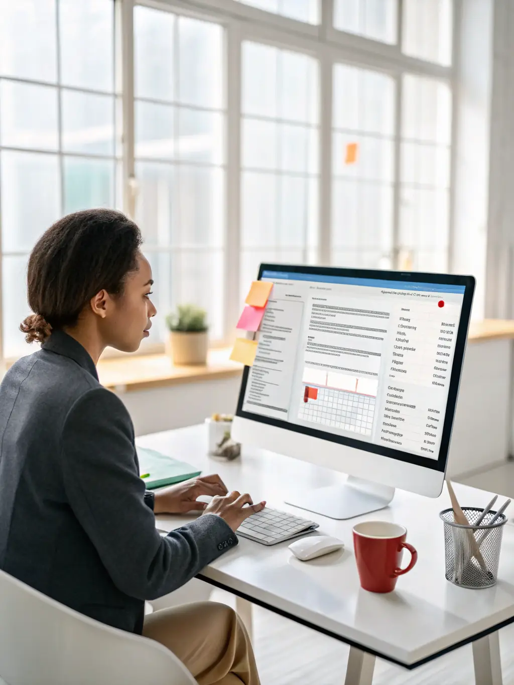 A professional virtual assistant working diligently at a modern desk, managing emails and scheduling appointments, showcasing efficiency and organization.