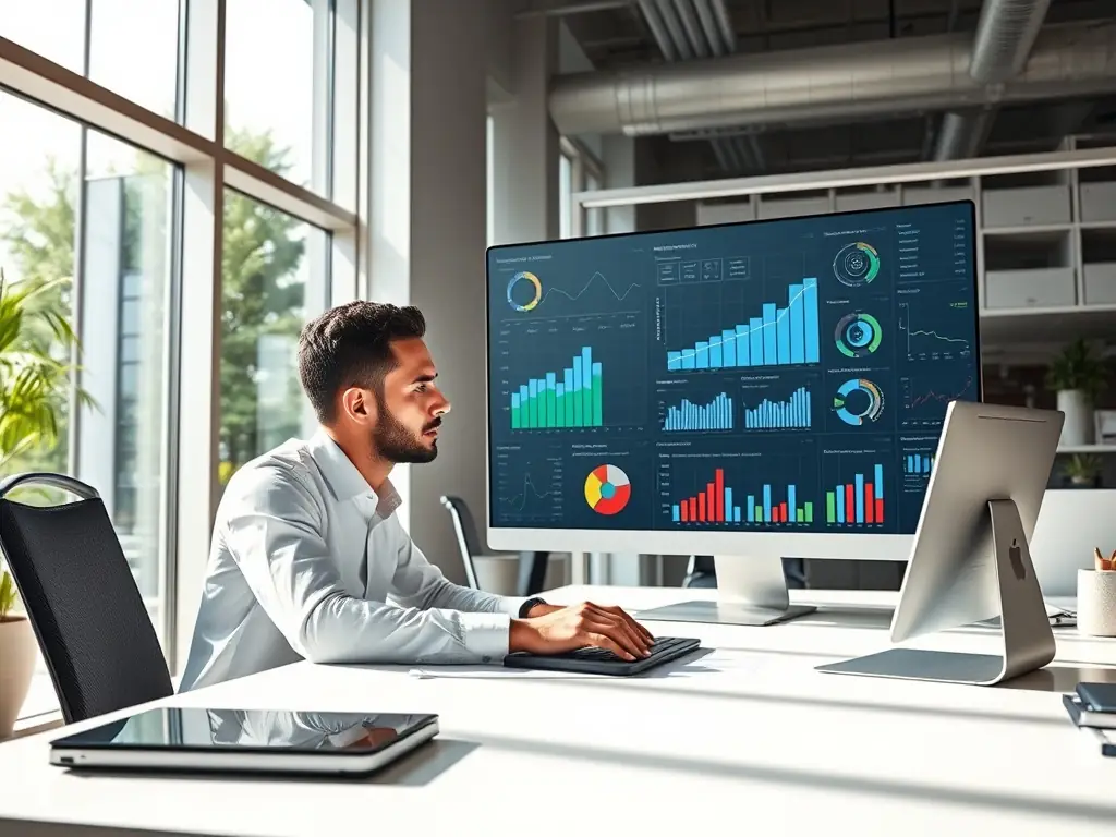A professional in a modern office setting is analyzing a complex data visualization dashboard on a large monitor, showcasing various charts and graphs with key performance indicators highlighted. The scene conveys a sense of data-driven decision-making and strategic planning.