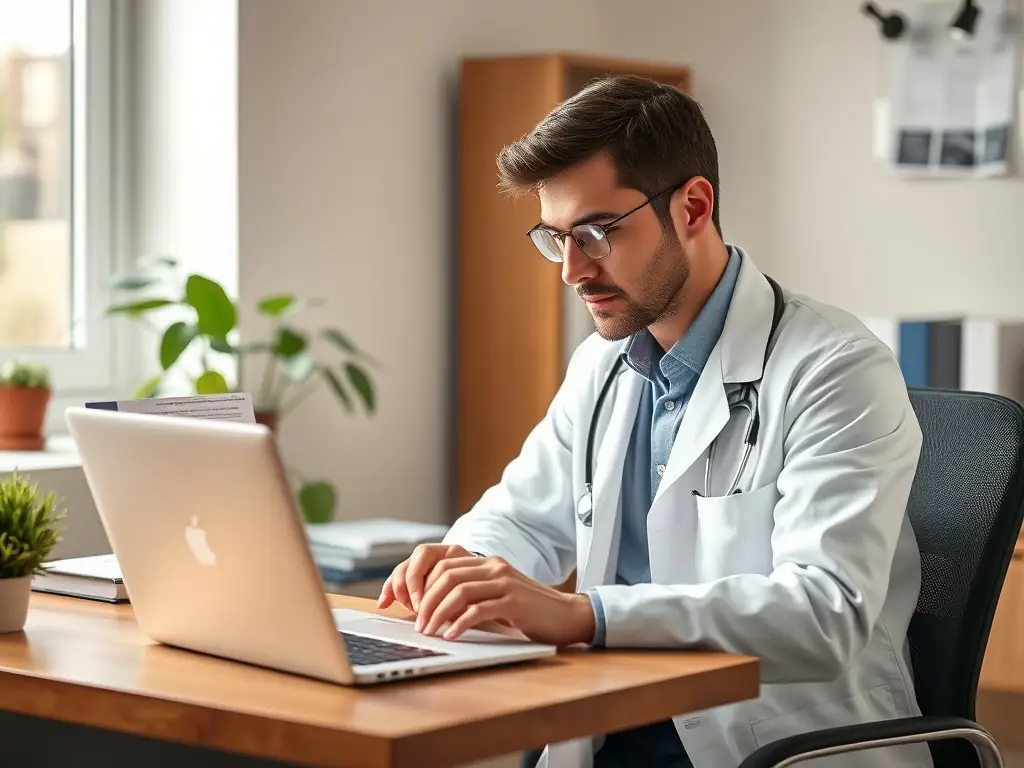 A doctor in a lab coat, representing the healthcare industry, is reviewing medical research, showcasing Omegacube's ability to connect healthcare professionals with relevant media opportunities.