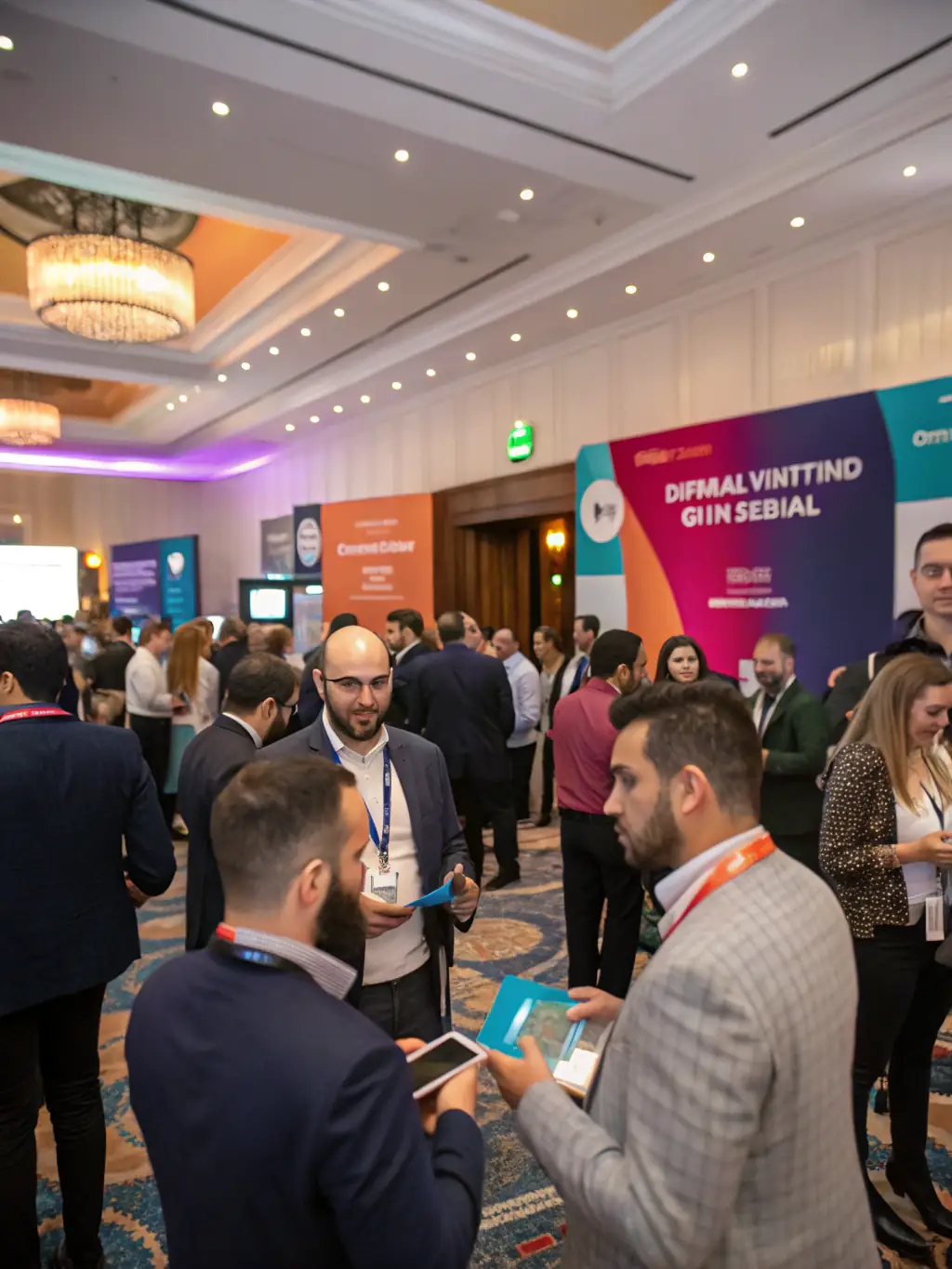 A friendly digital marketing expert engaging in a conversation with a journalist at a conference, emphasizing relationship building.