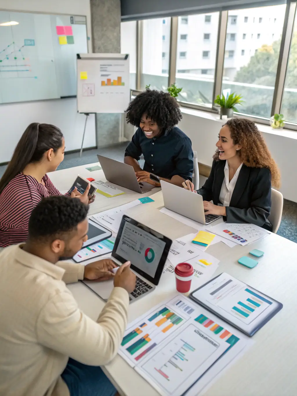 A focused digital marketing team brainstorming around a table, analyzing website analytics on a large screen, highlighting key metrics and conversion funnels.