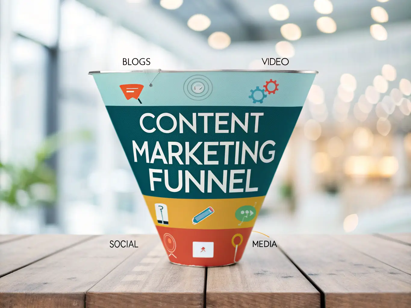 A vibrant illustration of a content funnel, showcasing how content attracts, engages, and converts visitors into loyal customers, highlighting the customer journey.