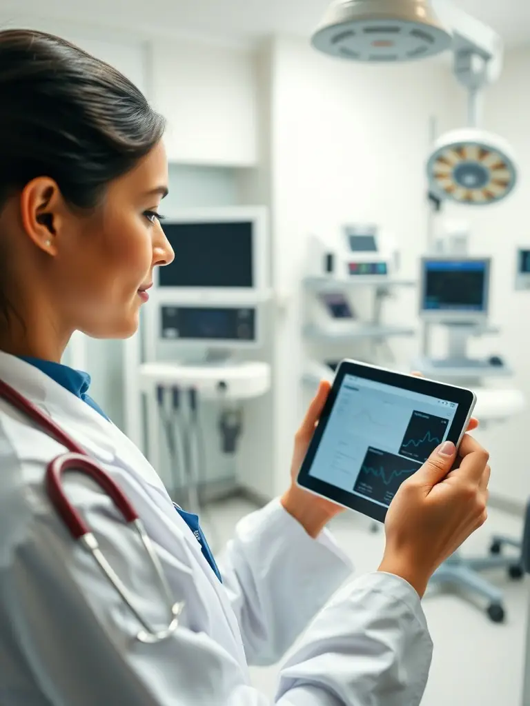 An image showing healthcare professionals analyzing patient data on a tablet, with Omegacube's analytics platform providing insights for better patient care.