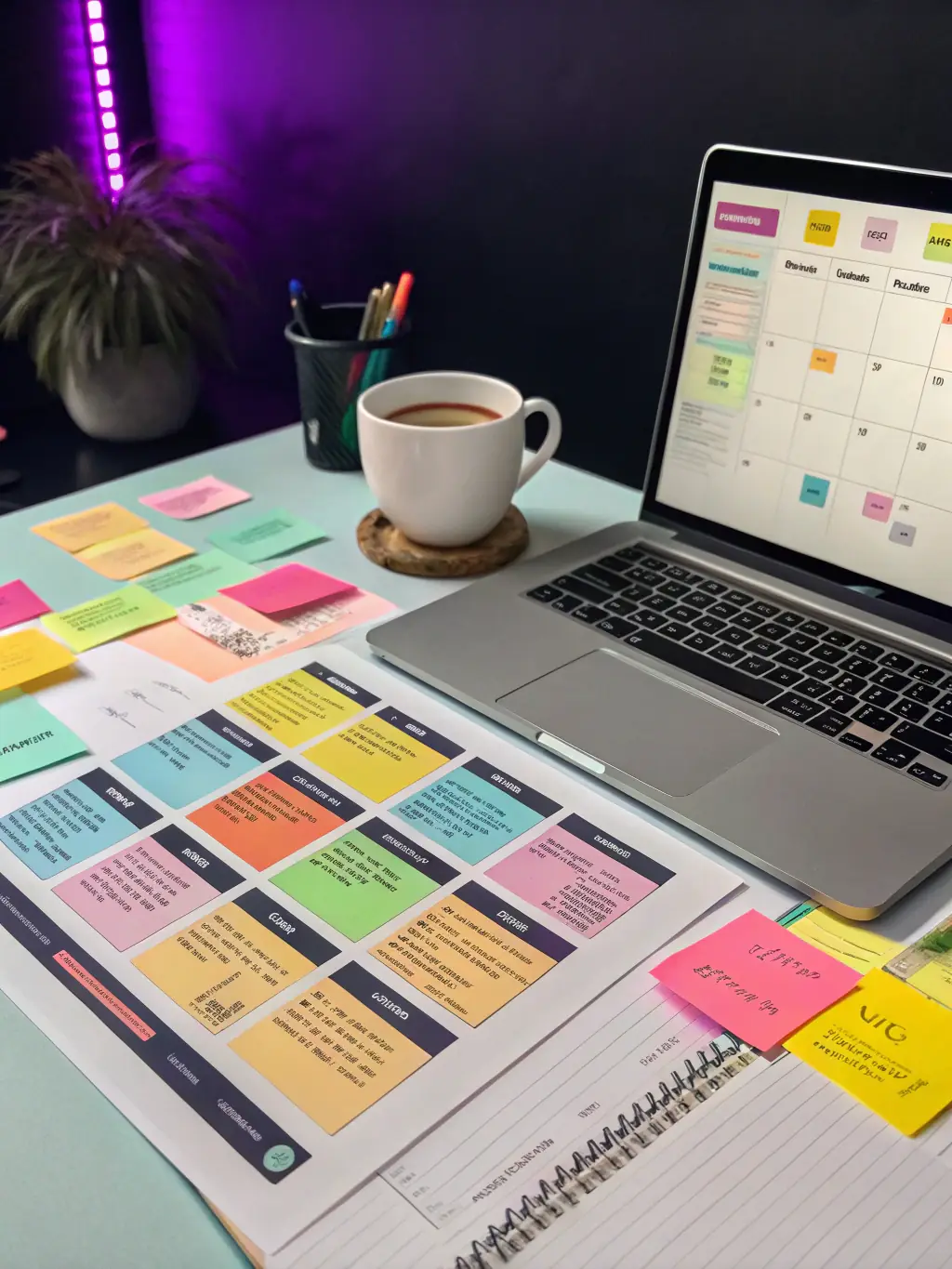 A content calendar displayed on a screen, showcasing planned topics, formats, and distribution channels, representing Omegacube's strategic content planning.