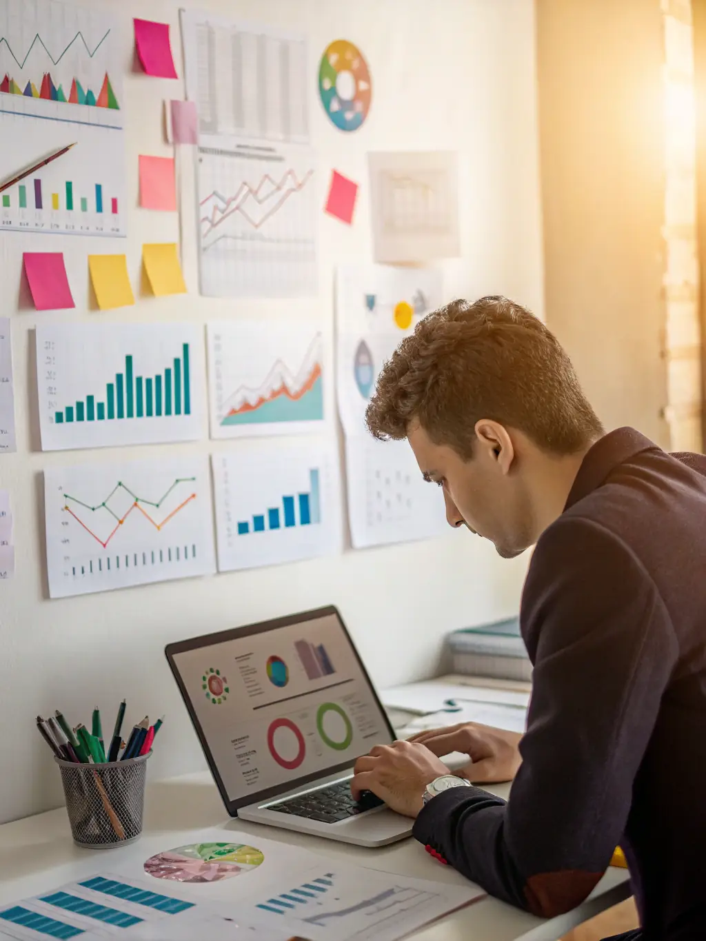 A focused image of a digital marketing specialist at Omegacube meticulously analyzing Facebook Ads Manager data on a large monitor, showcasing the data-driven approach to campaign optimization.
