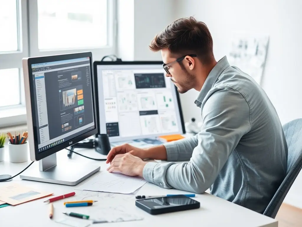 A high-quality image showcasing a designer working on a website's user interface (UI) on a computer, with various design tools and software visible on the screen, highlighting the technical and creative aspects of the design process.