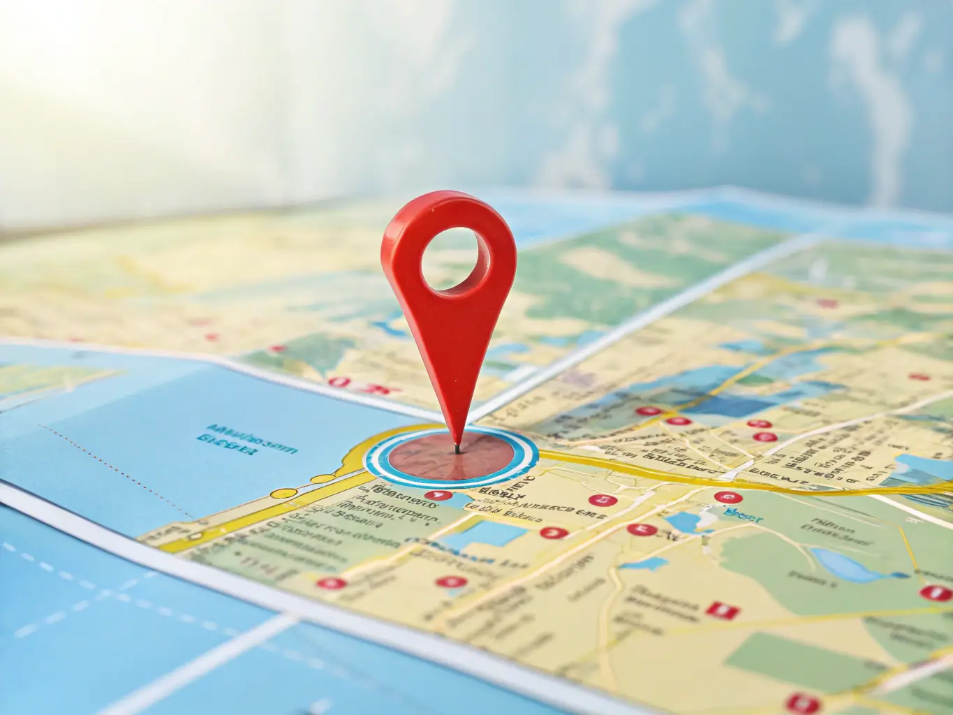 A visually appealing image showcasing a map with pins marking franchise locations, each pin displaying localized content and search engine optimization (SEO) elements, highlighting the concept of geo-targeted marketing.