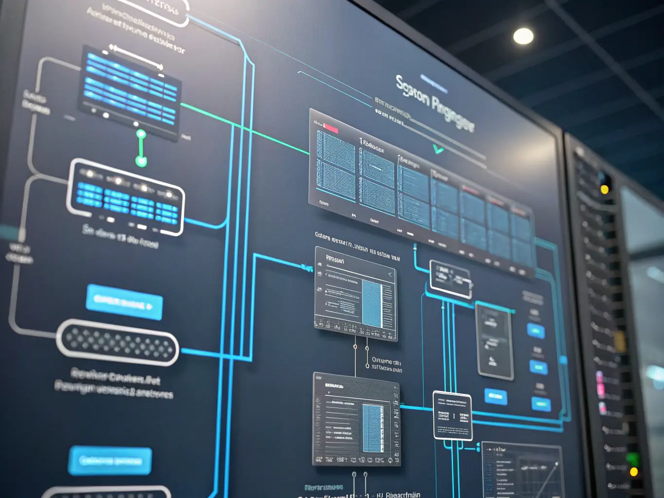 A network diagram showing data flowing from various sources into a central database, symbolizing data integration and management, used to depict Omegacube's data integration services.