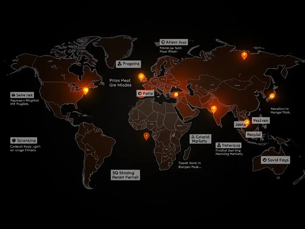 A digital illustration depicting a world map with interconnected franchise locations, each marked with a pin and connected to a central hub representing centralized campaign management.