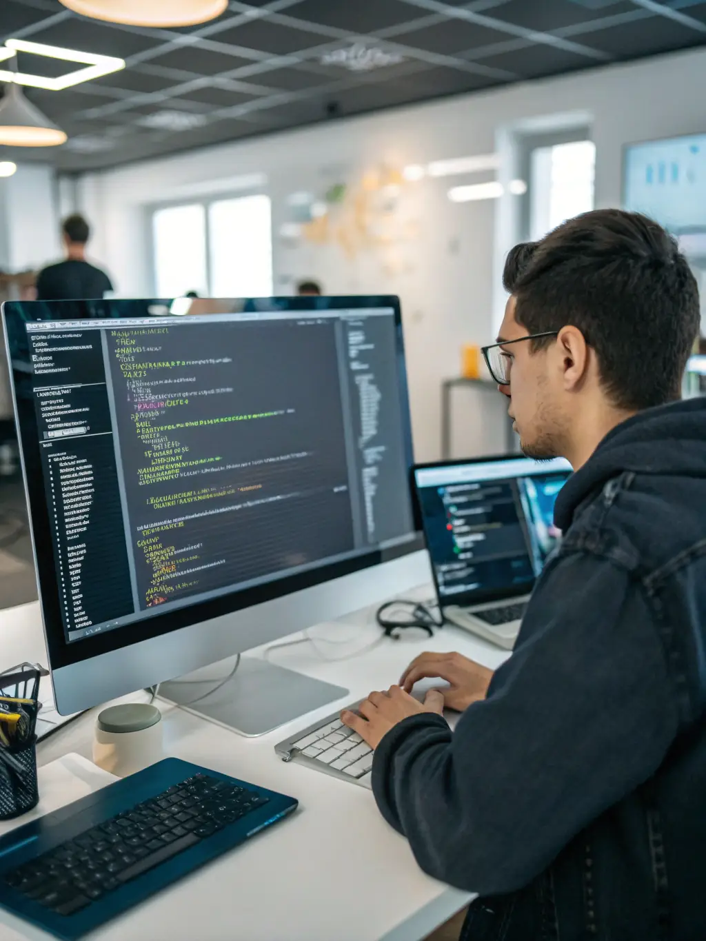 A professional developer working diligently at their desk, coding with multiple monitors displaying complex lines of code, reflecting Omegacube's experienced development team.