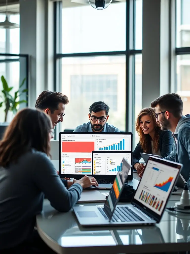 A professional, high-quality photo of a team of digital marketers collaborating in a modern office setting, brainstorming SEO strategies on a whiteboard.