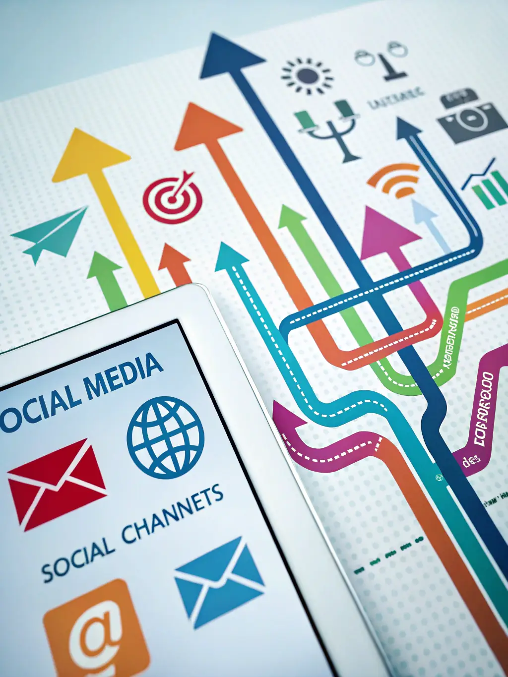 A graphic illustrating the selection of various digital channels (SEO, PPC, Social Media) with arrows pointing towards a central target, symbolizing channel selection for Omegacube's clients.